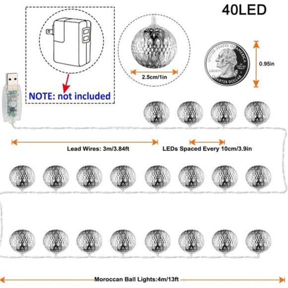 16Colors Changing Globe String Lights for Diwali Decor,13ft 40Silver Metal Balls - Picture 4 of 6